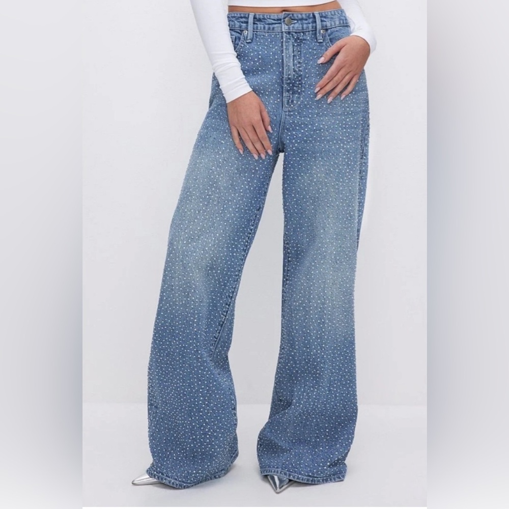 Good American Good Ease Relaxed Bedazzled Jeans